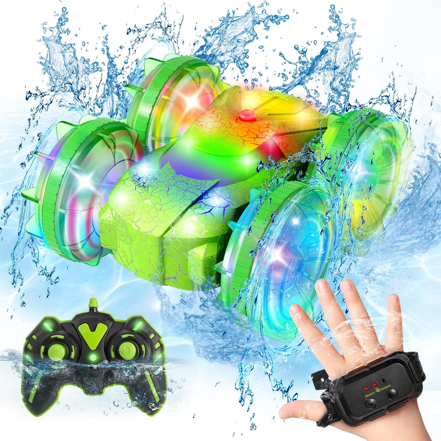 Amphibious RC Car with Lights for Kids 6-12 Year Old,2.4 GHz Remote Control Boat RC Monster Truck 4WD Vehicle Gifts,Waterproof H