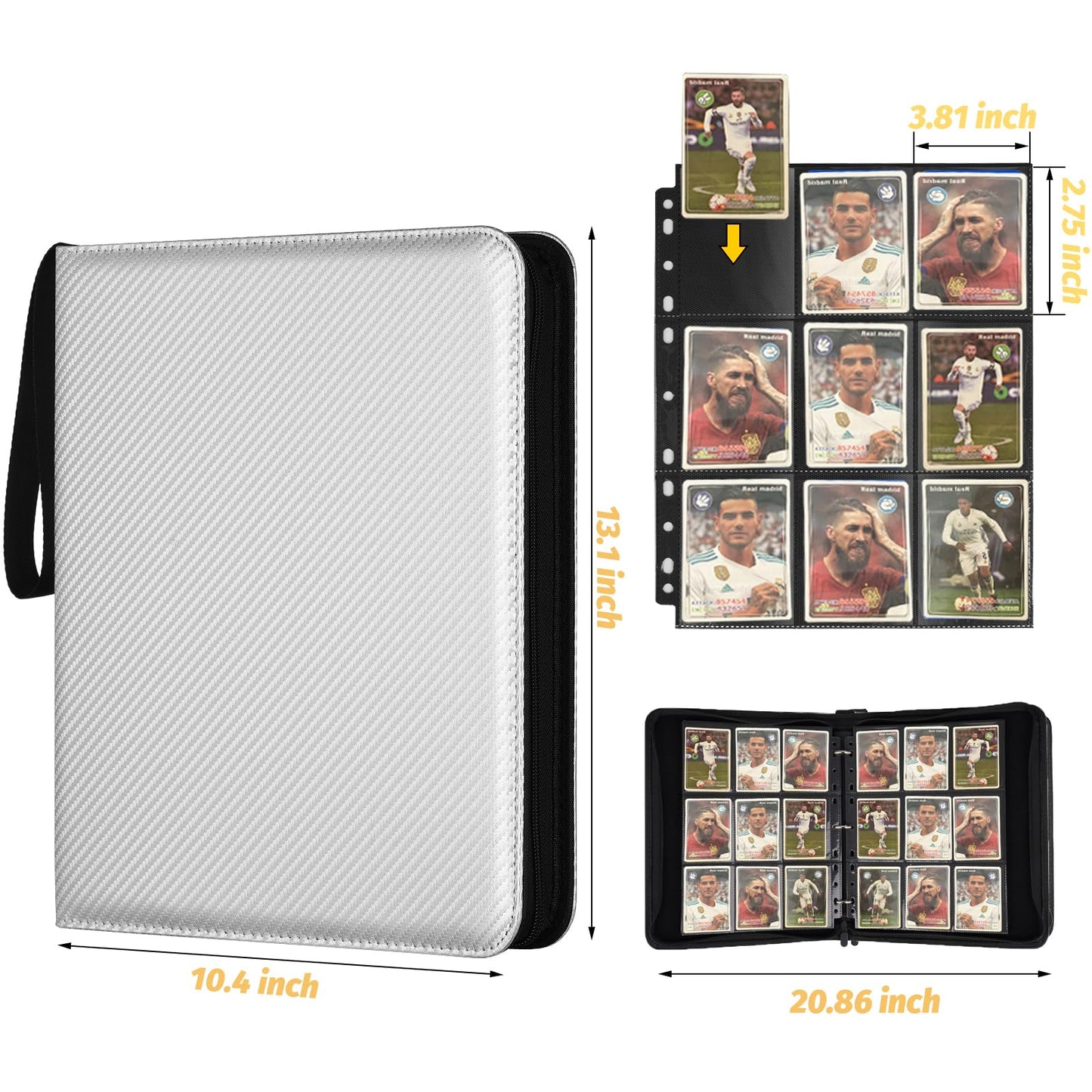 GERMUN 9 Pocket Card Binder  enhanced Zip Trading Card Binder  720 Double Sided Pocket PU Card Collection Binder  Collector Card Album  Card Folder for MTG  TCG  Sports Cards  Game Cards (Silver)