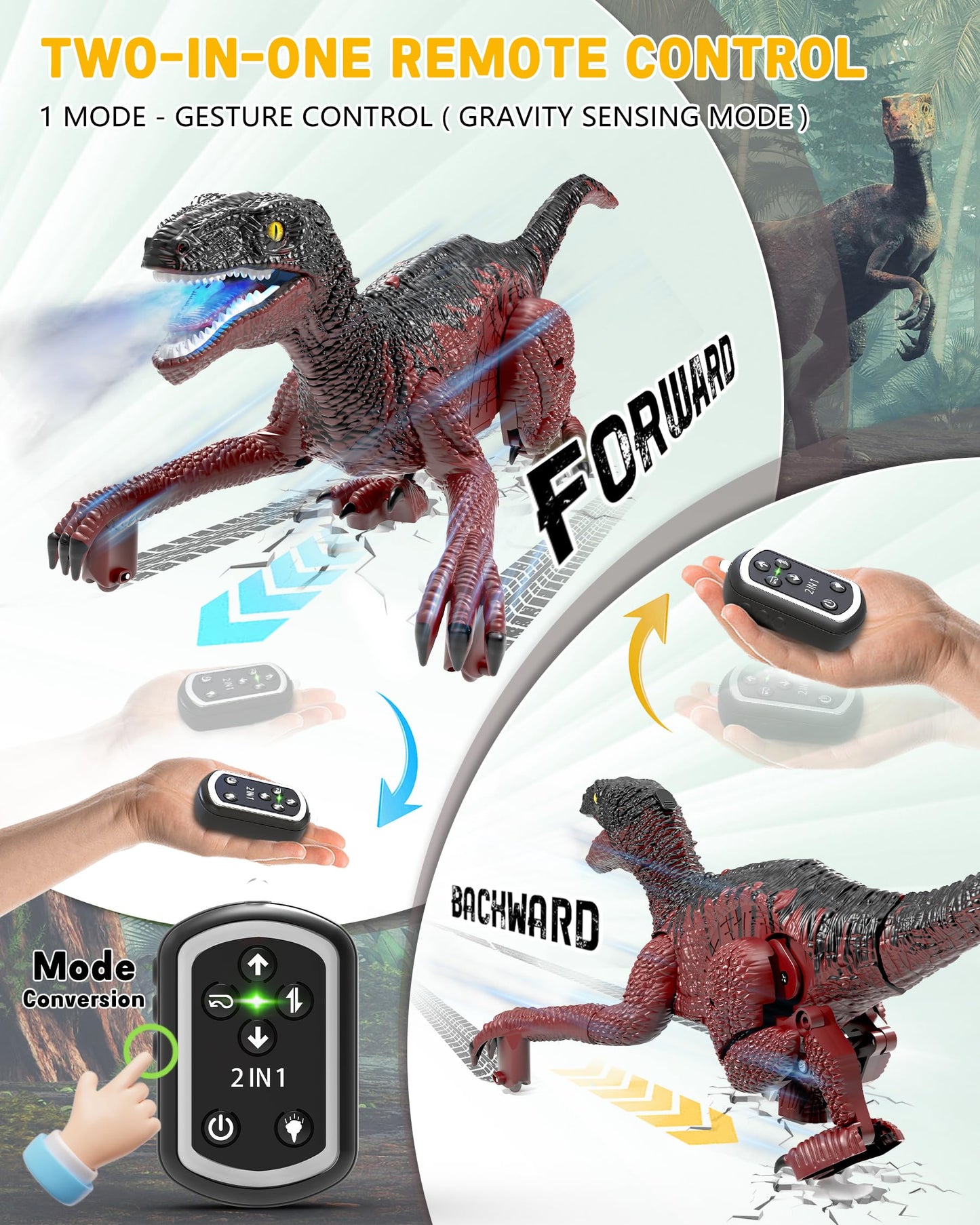 Eulogia Dinosaur Toy, Rc Dinosaur Car With 2-In-1 Remote, Gesture-Sensing Forward Backward Dino, Features Spray & Sounds & Light