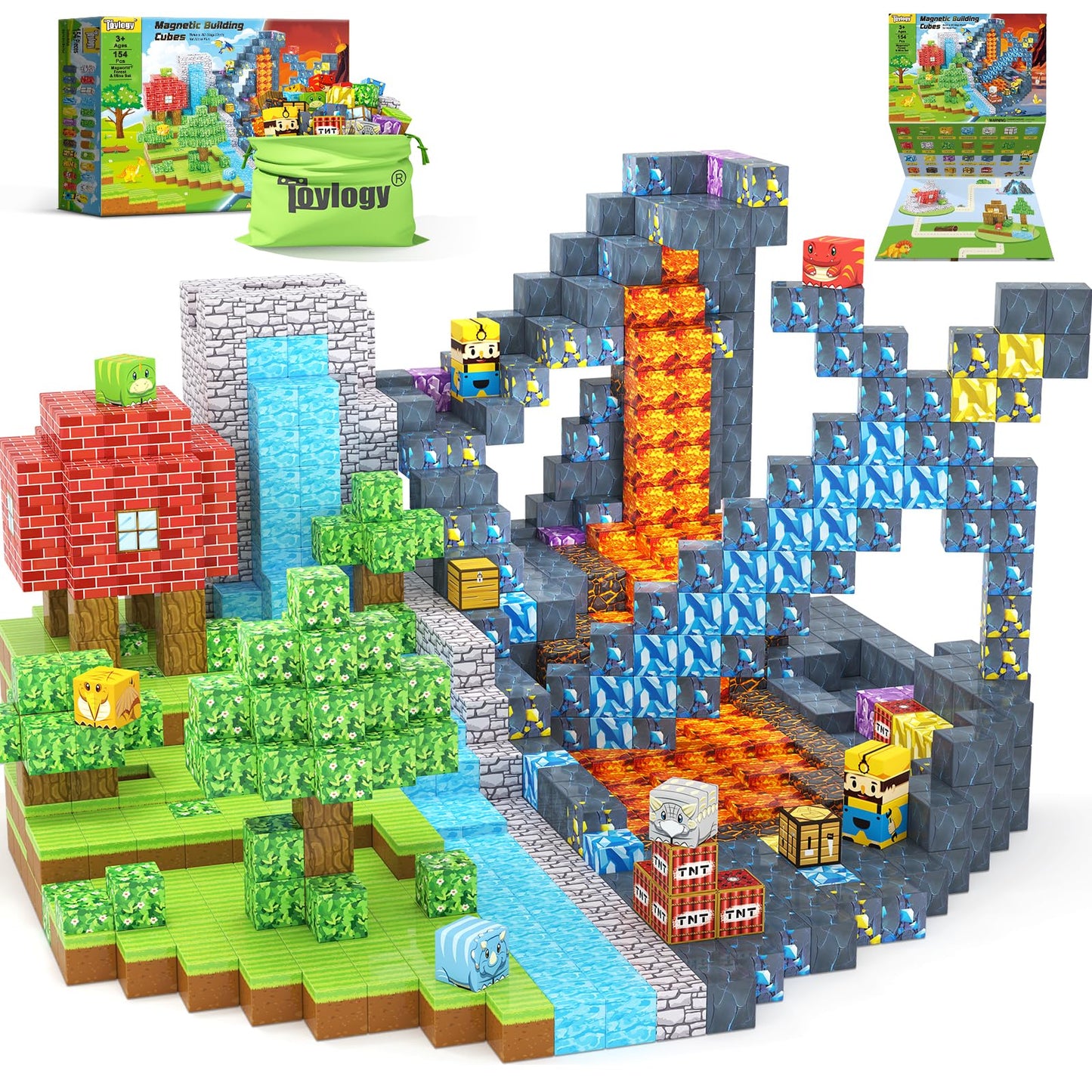 154PCS Dinosaur Toys Magnetic Blocks-Build Mine Magnet World Forest Mine Edition  Dino Adventure Magnetic Building Sensory STEM Kids Toys for Boys Age 3+ Magnet Games for Boys Girls 3-5 4-6 5-7 6-8
