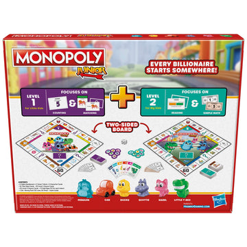 Monopoly Junior Board Game, 2-Sided Gameboard, Ages 4+, 2-6 Players, Plastic, Bright Colors