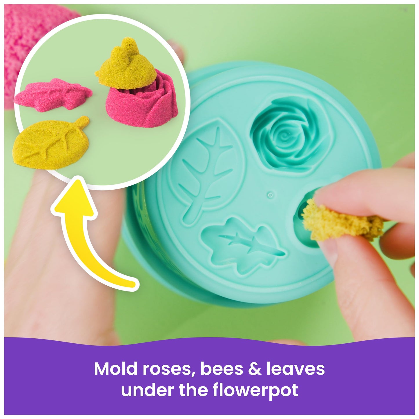 Kinetic Sand, SquishBlossom Blooming Flower with 8oz Neon Yellow & Pink Play Sand, Pot & Molds, Gifts for Mom & Kids, Arts and C