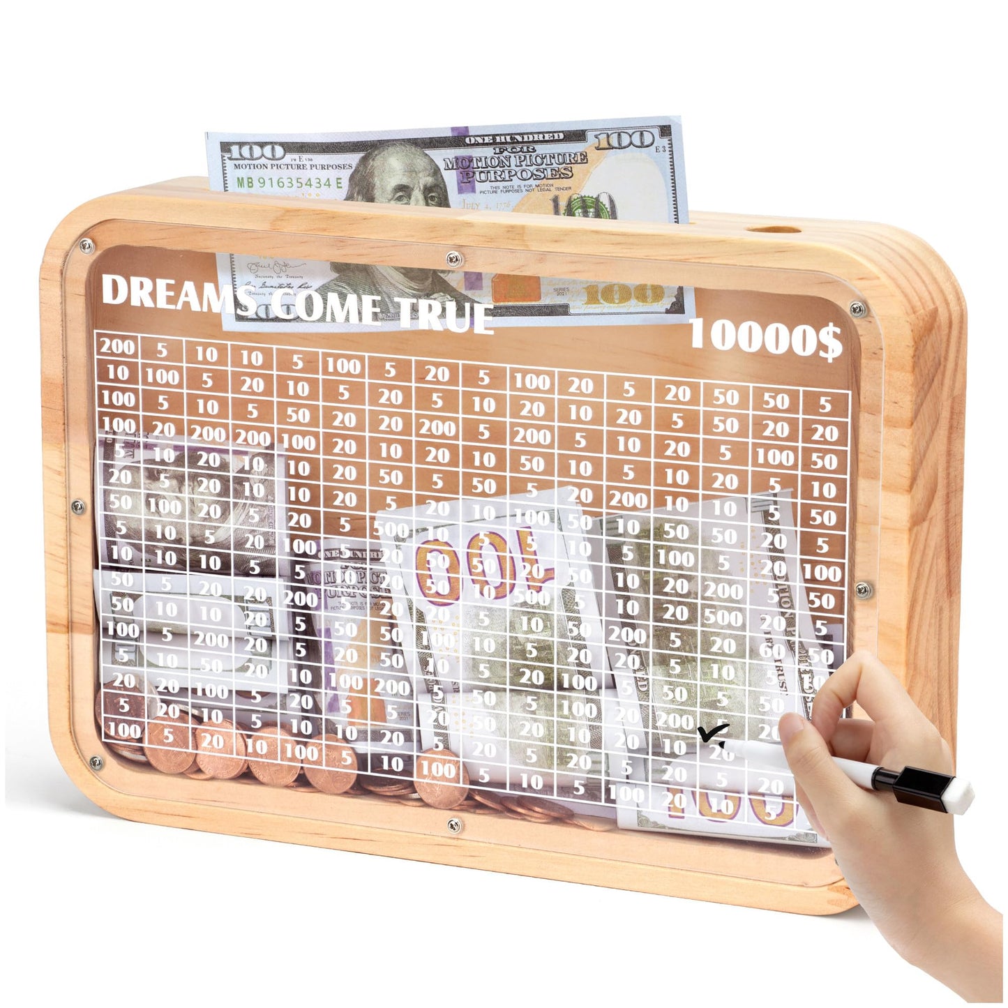 Wooden Money Saving Box With Cash Vault $10000 Piggy Bank For Kids Adults With Boys Counter Coin Challenge Bank For Girls (Target $10000)