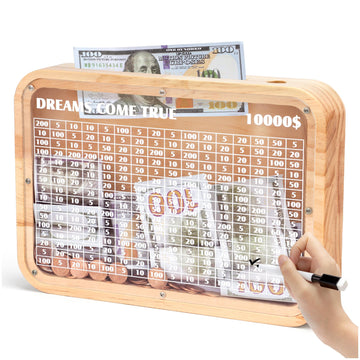Wooden Money Saving Box With Cash Vault $10000 Piggy Bank For Kids Adults With Boys Counter Coin Challenge Bank For Girls (Target $10000)