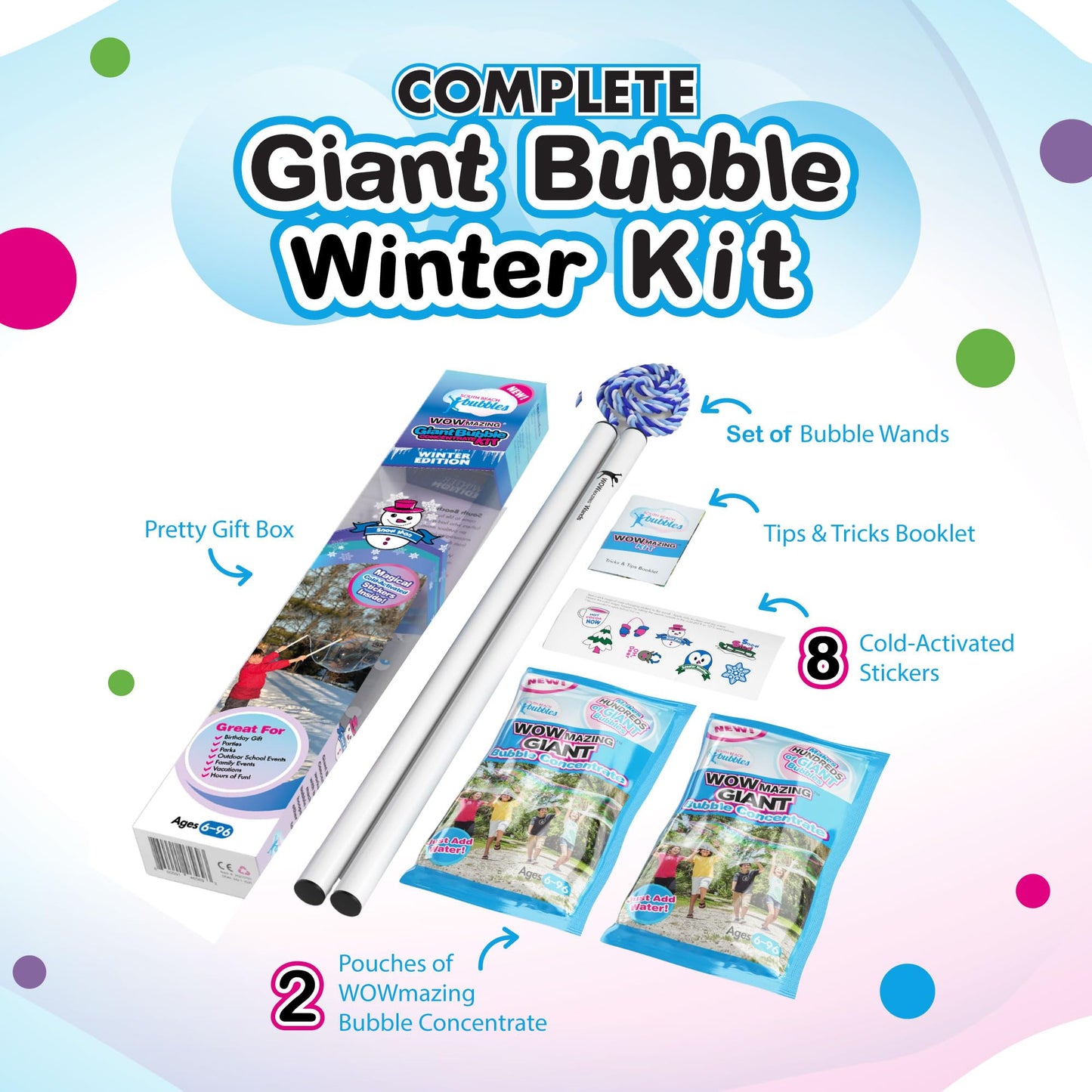WOWMAZING Giant Bubble Kit Winter - Bubble Wand  2 Big Bubbles Mix Pouches  8 Cold-Activated Stickers for Outdoor Winter Fun |Bubbles Made in USA