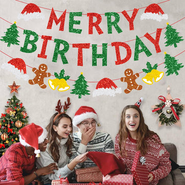 Zwiebeco Christmas Birthday Party Decorations Red Green Merry Birthday Banner Hanging Paper Christmas Tree Gingerbread Man Bells