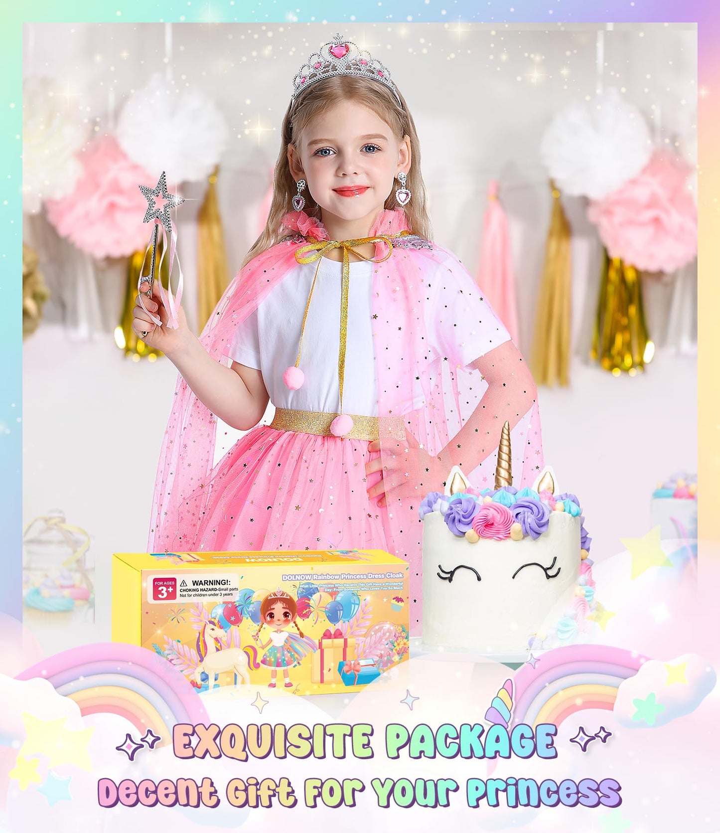 Dolnow Princess Dress Up Clothes For Little Girl, Light Up Princess Dresses Princess Cape With Crown Wand Toys For 3-6 Girls Pin