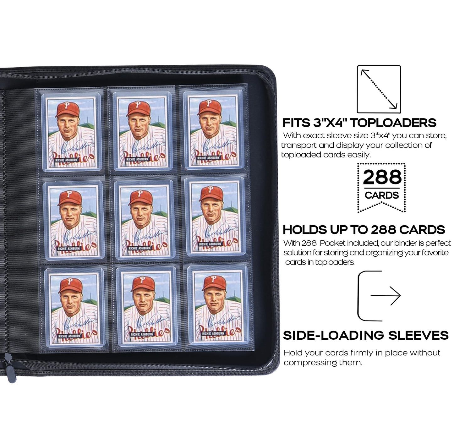 D DACCKIT Toploader Binder  Holds 288 Toploaders - 9-Pocket Top Loader Binder for 3 x 4 Rigid Card Holders for Trading Cards or Sports Cards(Model B Classic Black )