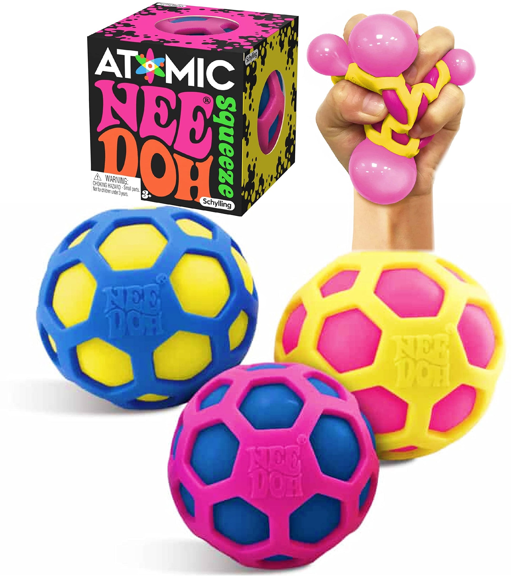 Schylling Atomic Nee Doh...Groovy Glob! Squishy, Squeezy, Stretchy Stress Fidget Balls Blue, Yellow & Pink Complete Gift Set Par