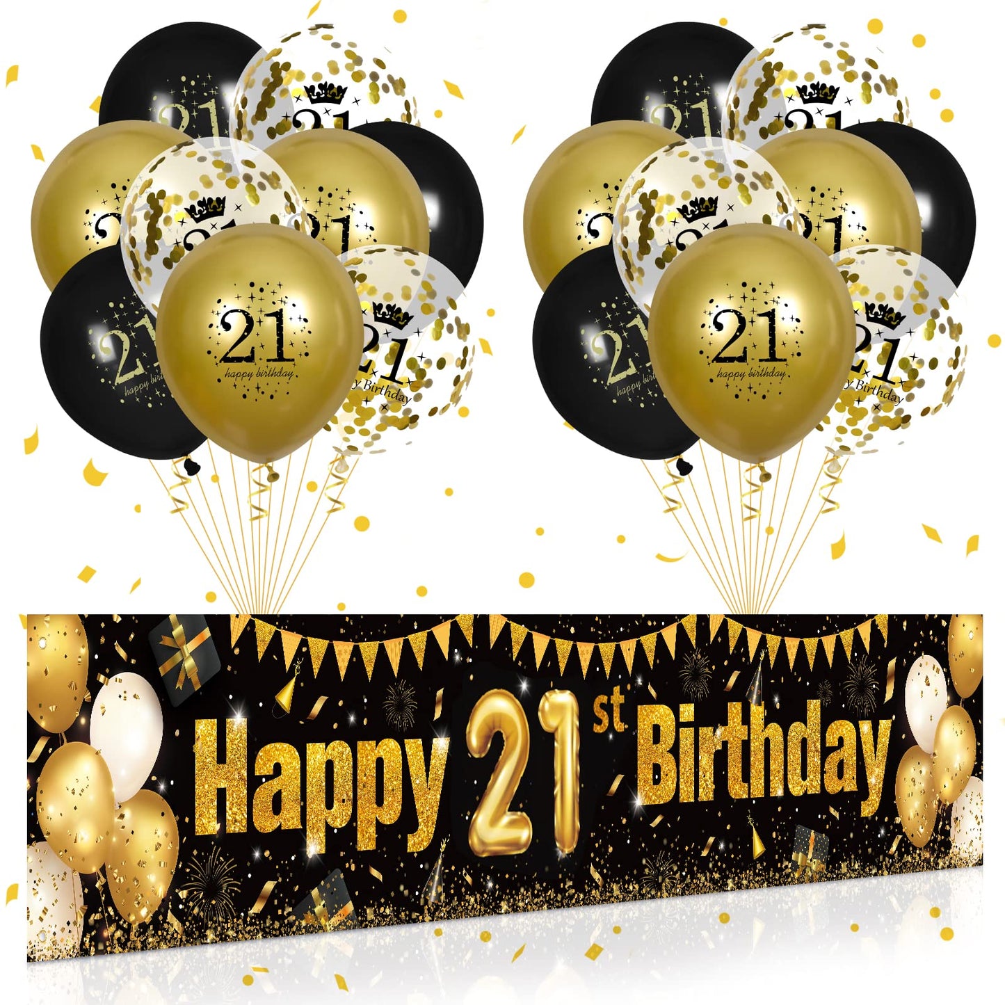 21St Birthday Decorations For Men Women Black And Gold, Black Gold Birthday Yard Balloon Banner Sign 18 Pcs 21Th Happy Birthday Balloons For 21 Anniversary Birthday Party Supplies Outdoor Yard Decor
