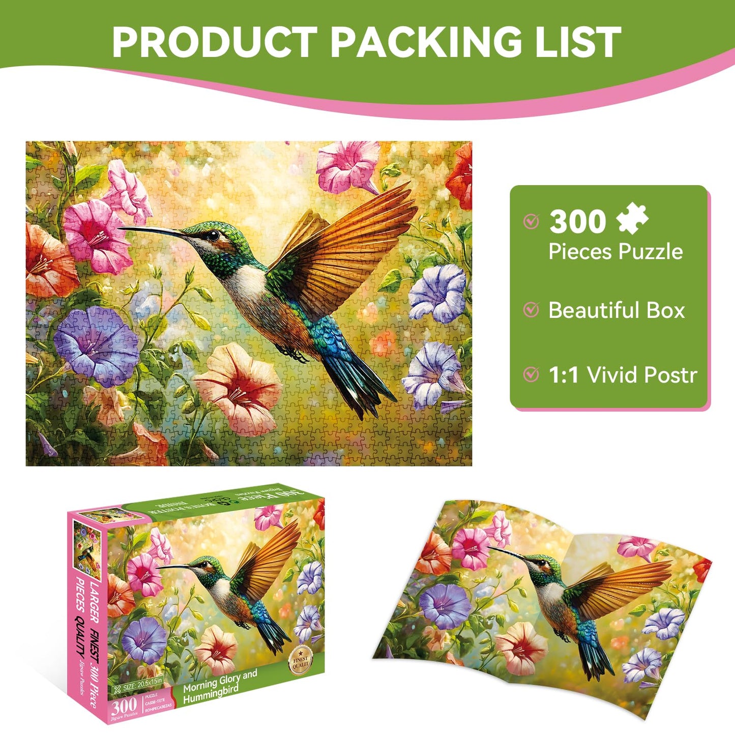ZSYCZAO Jigsaw Puzzle 300 Pieces, Flower Hummingbird Design, 20.5 x 15 in, Cardboard, Fun for Adults and Kids