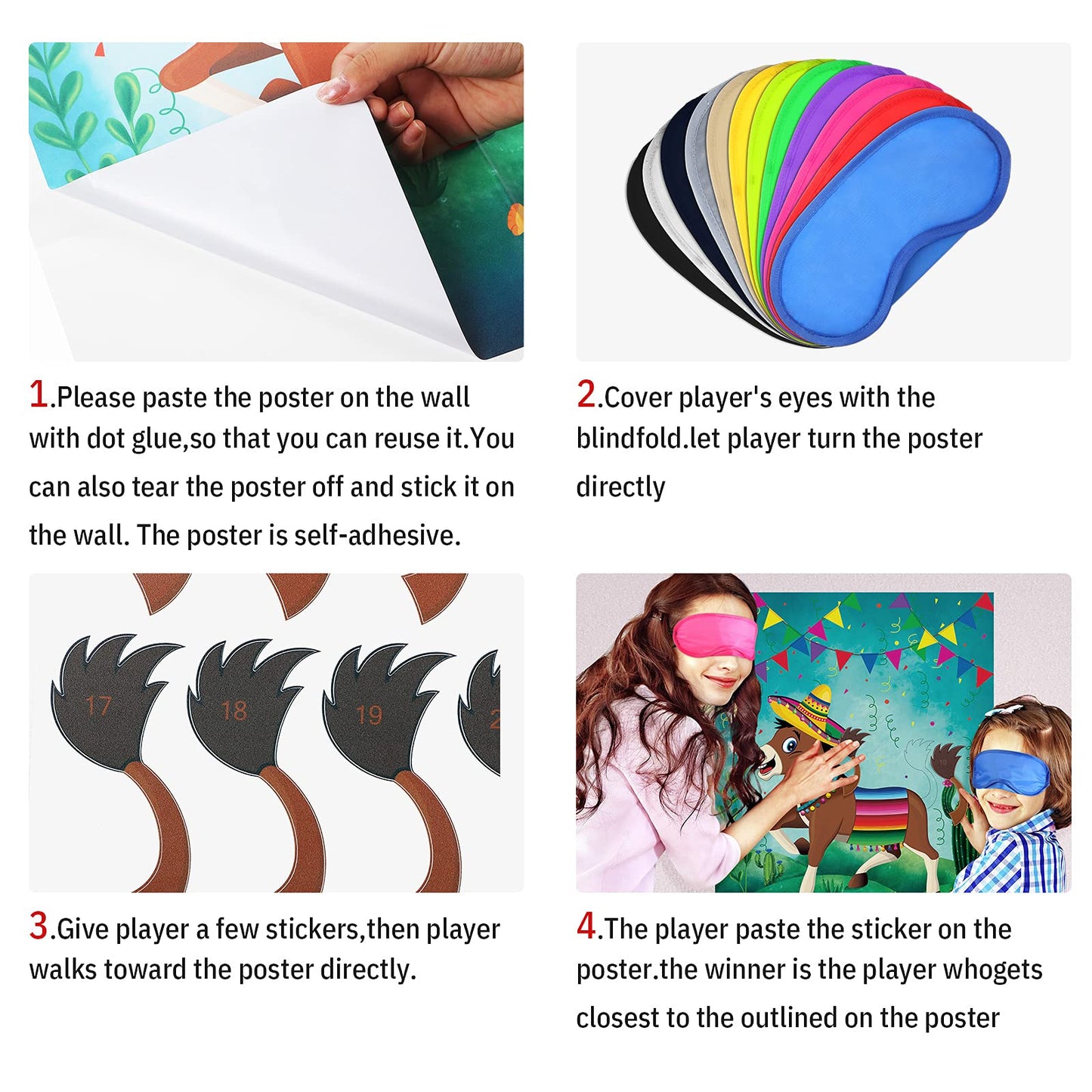 Pin The Tail On The Donkey Party Game, Mexican Donkey Game Poster Come Extra With Donkey Tail And Eye Masks For Donkey Party Favors, Kids Birthday Party, Fiesta Party