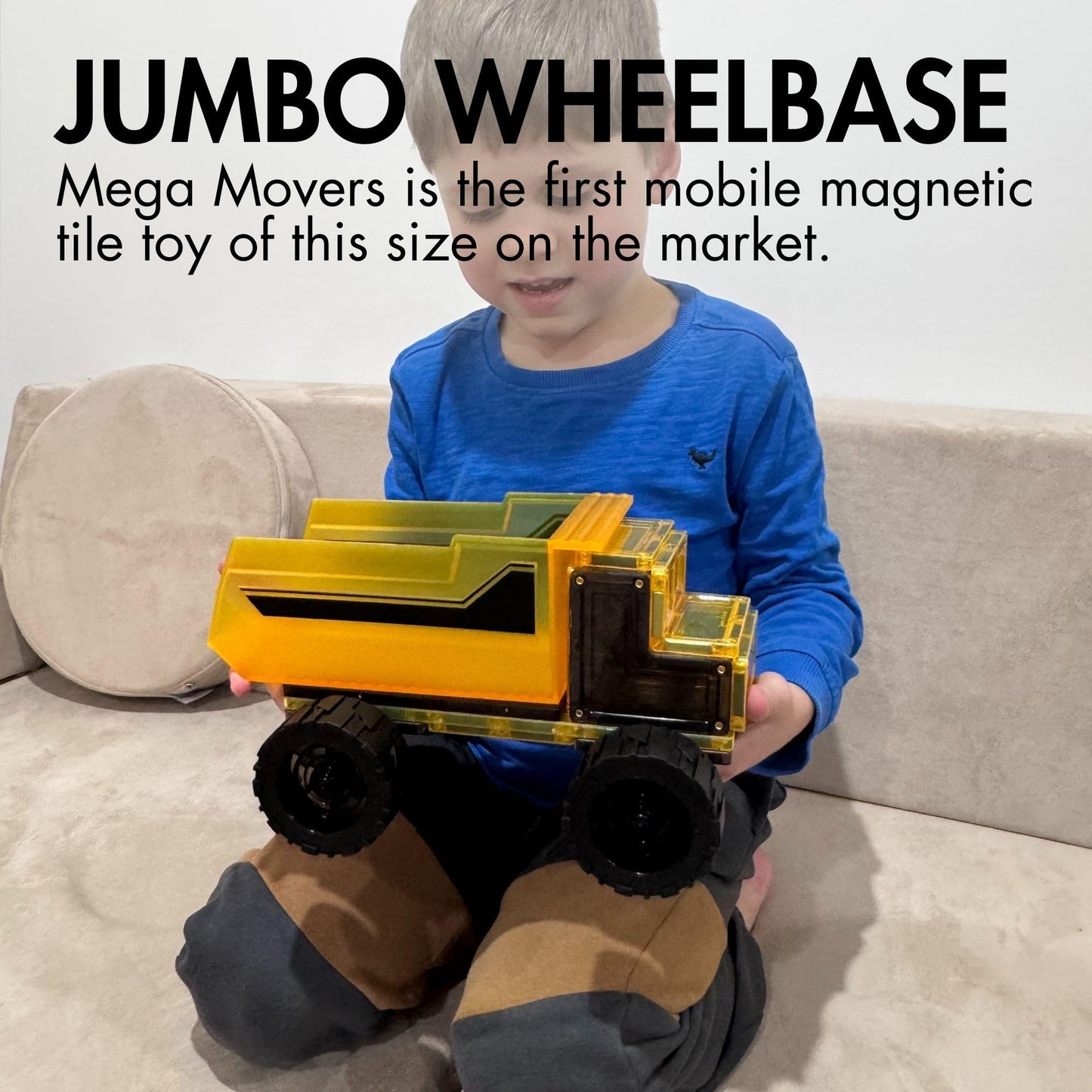 Learn & Grow Mega Movers - Magnetic Tiles Construction Trucks - Magnetic Build A Truck Set With 2 Jumbo Magnet Car Vehicles & Mo