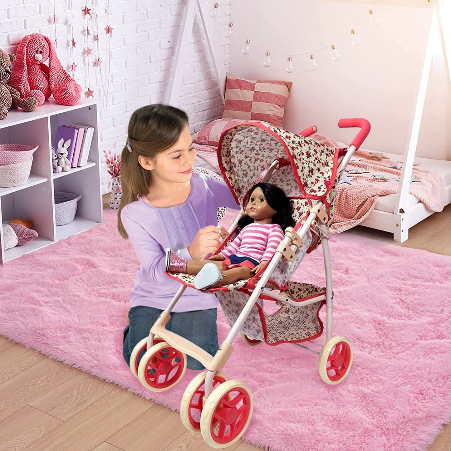 The New York Doll Collection Baby Doll Stroller - 28” Floral Toy Stroller with Canopy, Mesh Basket, Rubber Tires, Model A226