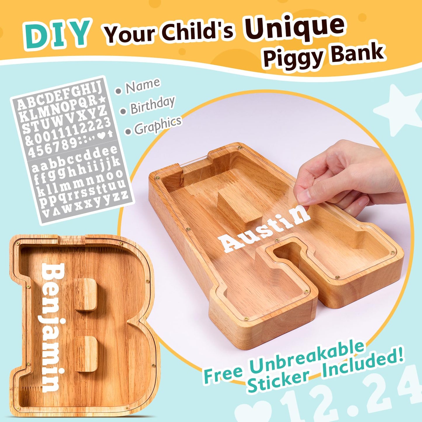SummiDate Wooden Letter Piggy Bank| Piggy Bank for Boys Girls Toddler| Alphabet B Money Bank| Coin Bank Birthday Gift for Kids|Birthday Easter Gift for Kids (B)