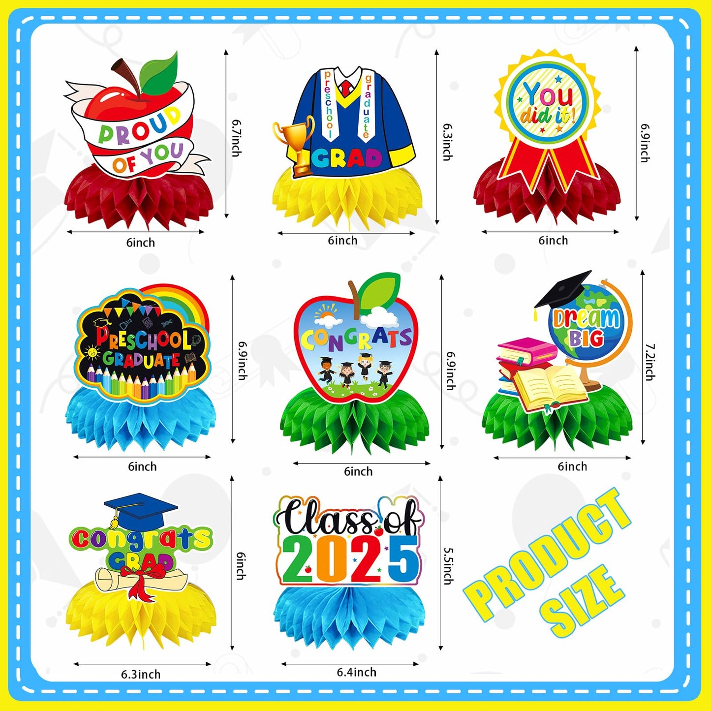 JULMELON 8PCS Preschool Graduation Party Decorations 2025 Honeycomb Centerpiece, 3D Kindergarten Graduations Centerpieces for Ta