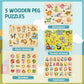 edutree Wooden Peg Puzzle for Toddlers 2-4, 5 Pack Montessori Toys Learning Educational Puzzles for Kids Girls Boys 2 3 4 Yesrs