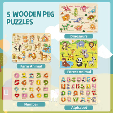edutree Wooden Peg Puzzle for Toddlers 2-4, 5 Pack Montessori Toys Learning Educational Puzzles for Kids Girls Boys 2 3 4 Yesrs