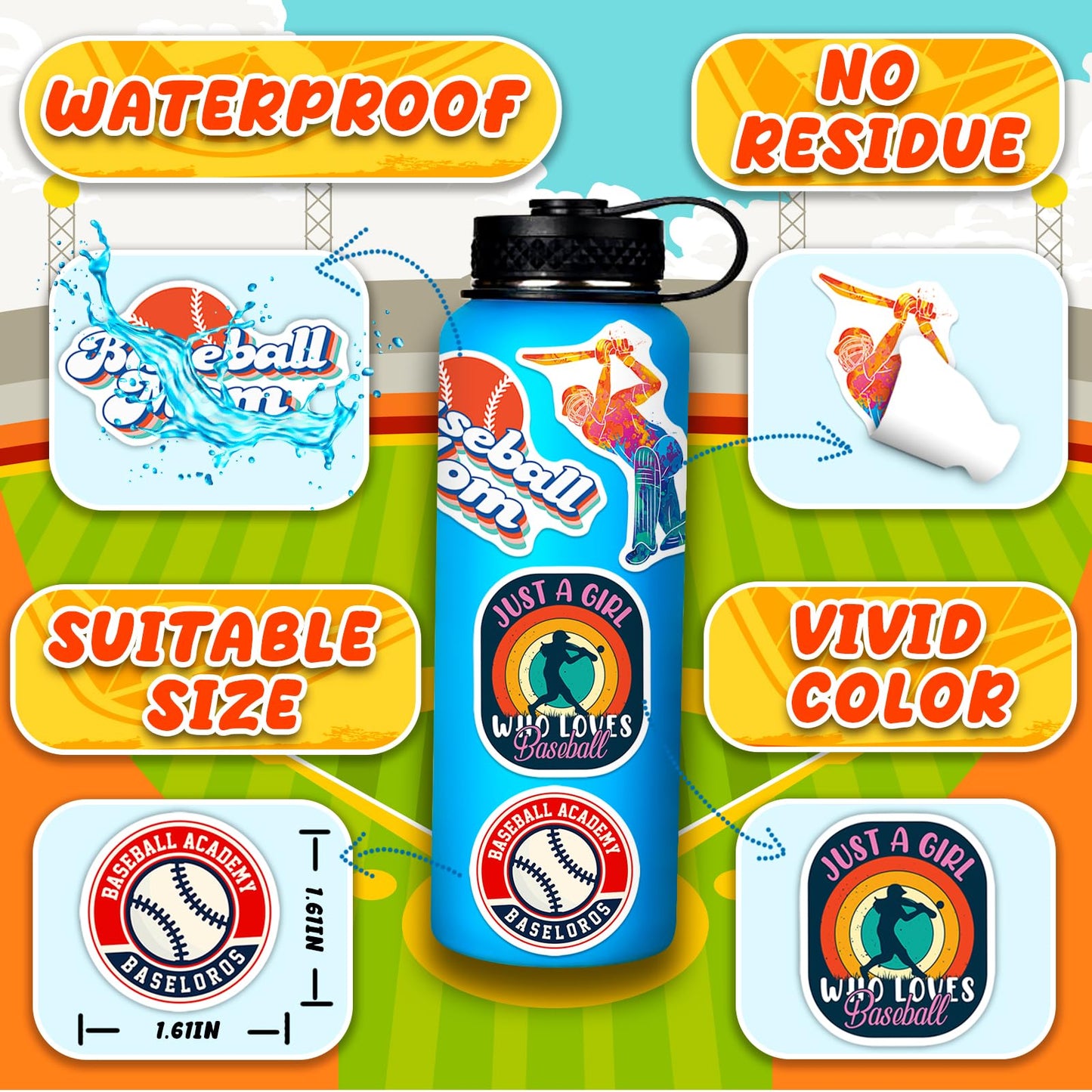 Wakemoodei Baseball Stickers 200 Pcs Baseball Sports Stickers For Water Bottles, Baseball Helmet Stickers Vinyl Waterproof Baseb