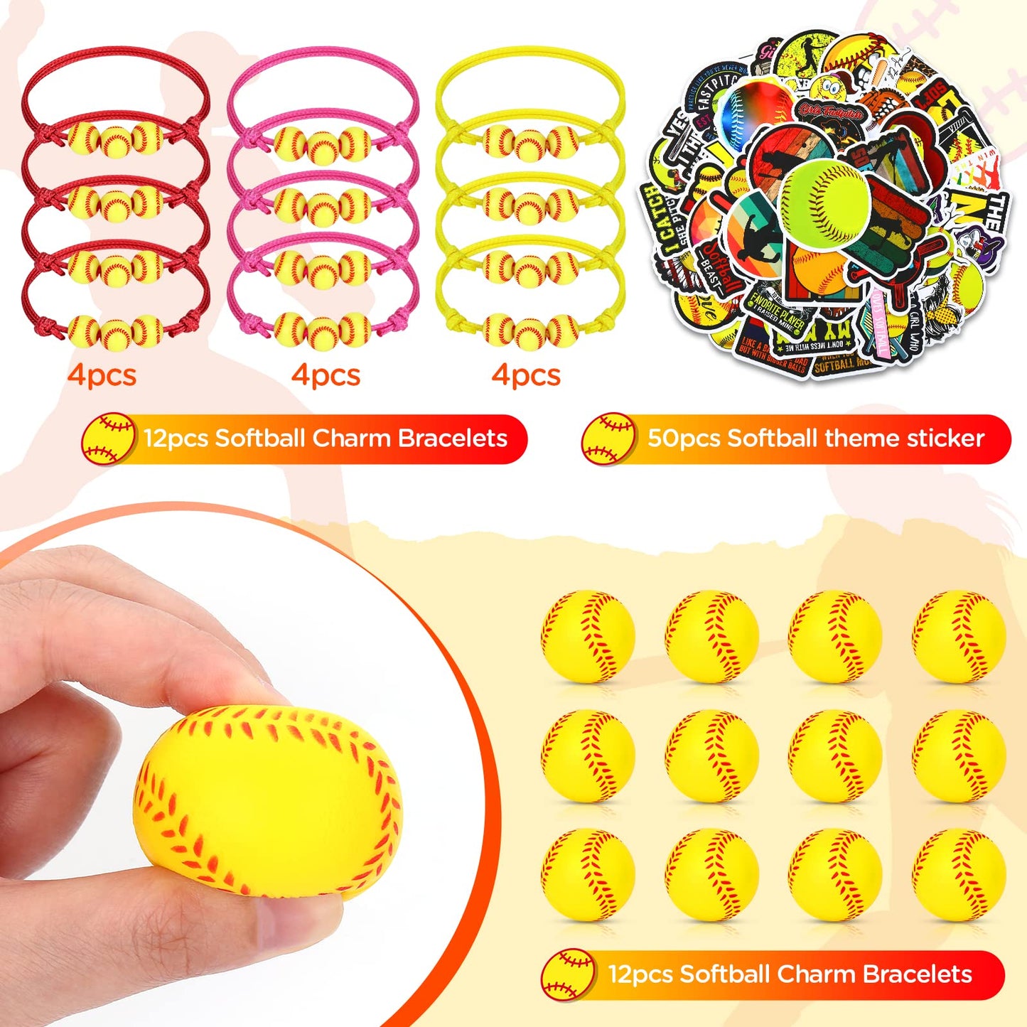 74PCS Softball Party Favors Gifts Softball Charm Bracelets Softball Stress Ball Softball Stickers Softball Adjustable Wristbands