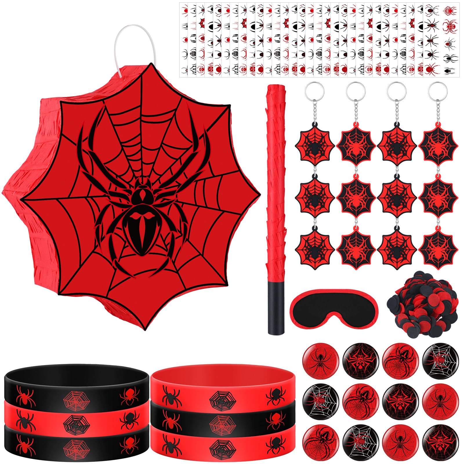 Leyndo 89 Pcs Spider Party Favors for Birthday, Includes Spider Piata with Blindfold and Stick, 11.8x11.8, 12 Keychains, 12 Wris