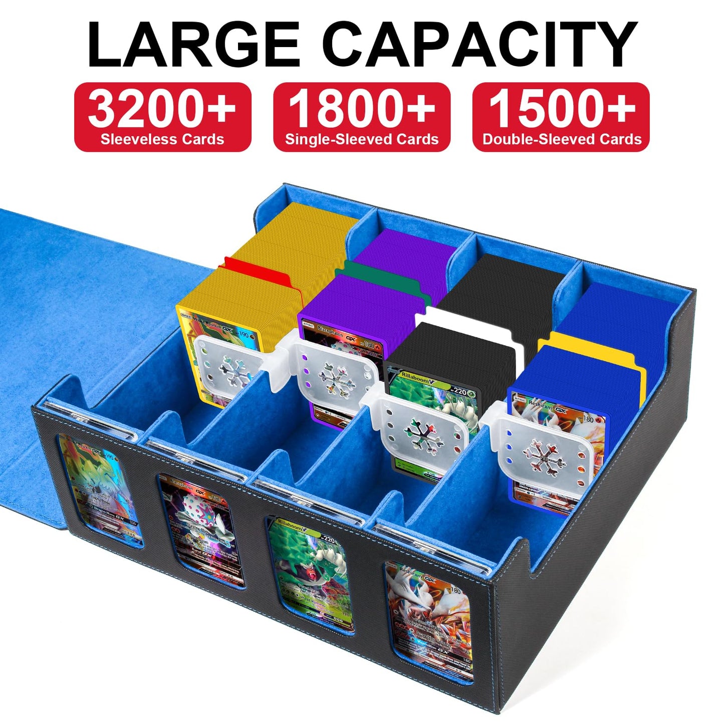GEAoffice Trading Card Storage Box for 3200+ Cards With Display Windows  enhanced MTG Deck Box With Card Supporters & Divider  Commander Storage Box for TCG  Magic Game  Sports  Black/Blue