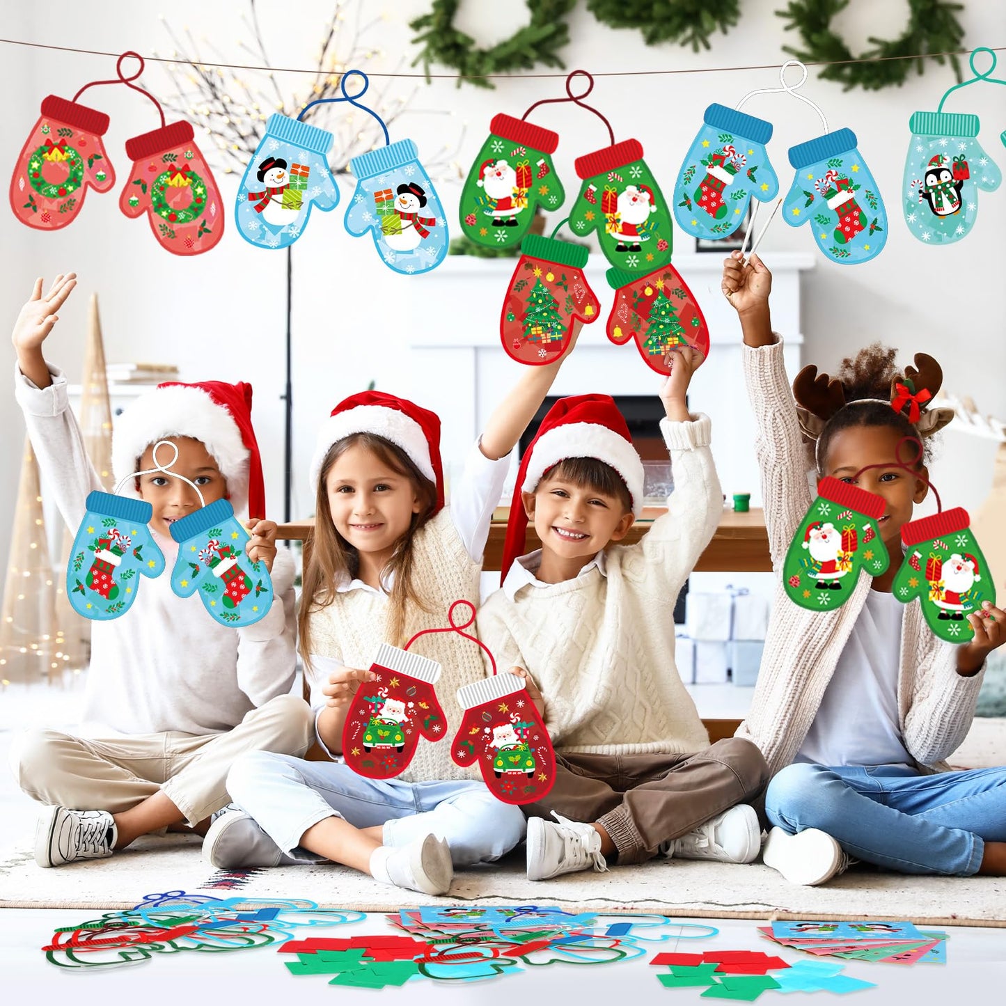 DoubleFill 48 Pcs Winter Gloves Suncatchers Craft Kits Ornaments DIY Stained Glass Effect Tissue Paper Kits Bulk for Window Deco