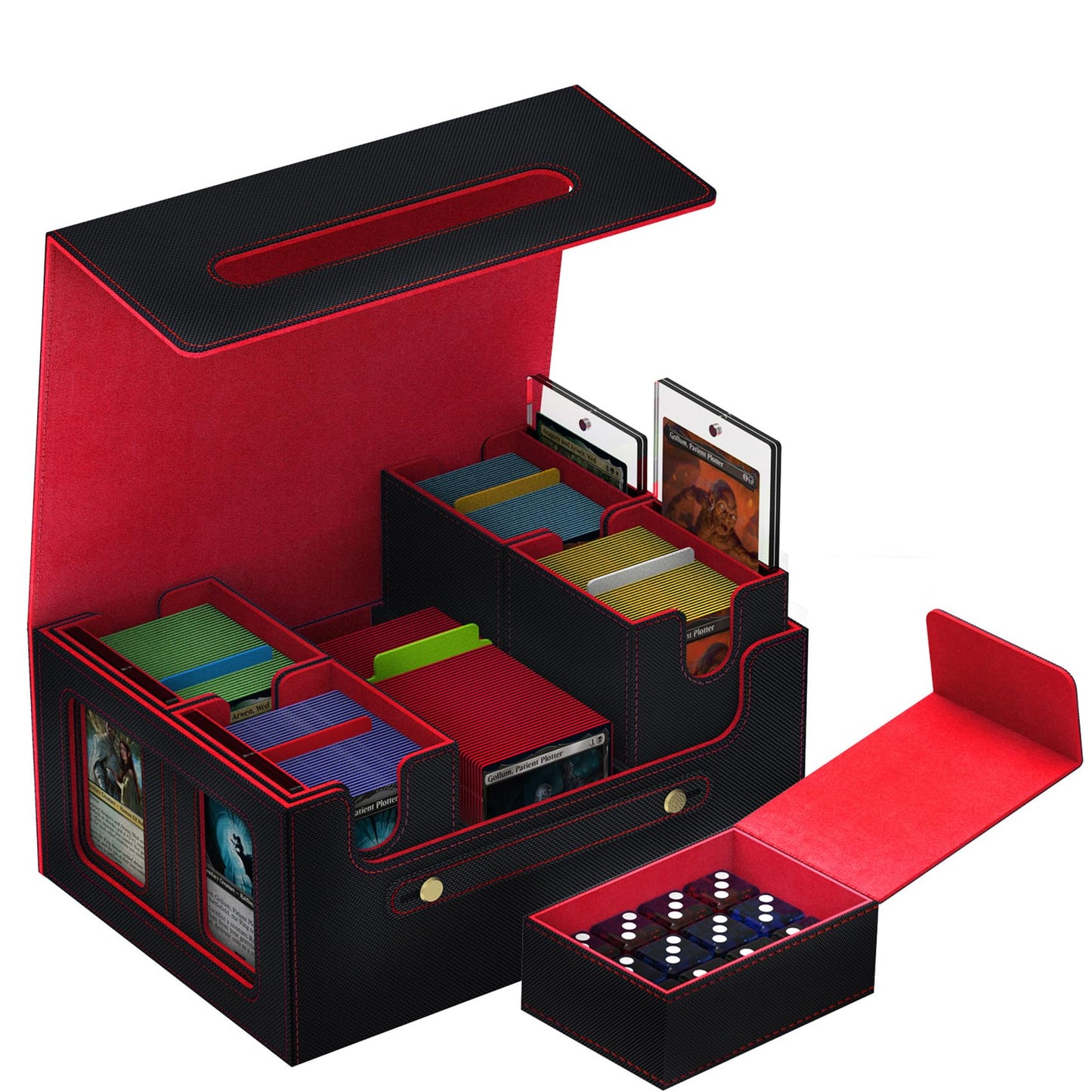 ArtBoutiq Commander Deck Box for MTG  6-Deck Modular Card Case with Dice Tray Holds 600+ Double-sleeved Cards  Removable Trading Cards Storage Box with 35PT Magnetic Card Holders for TCG  Black Red