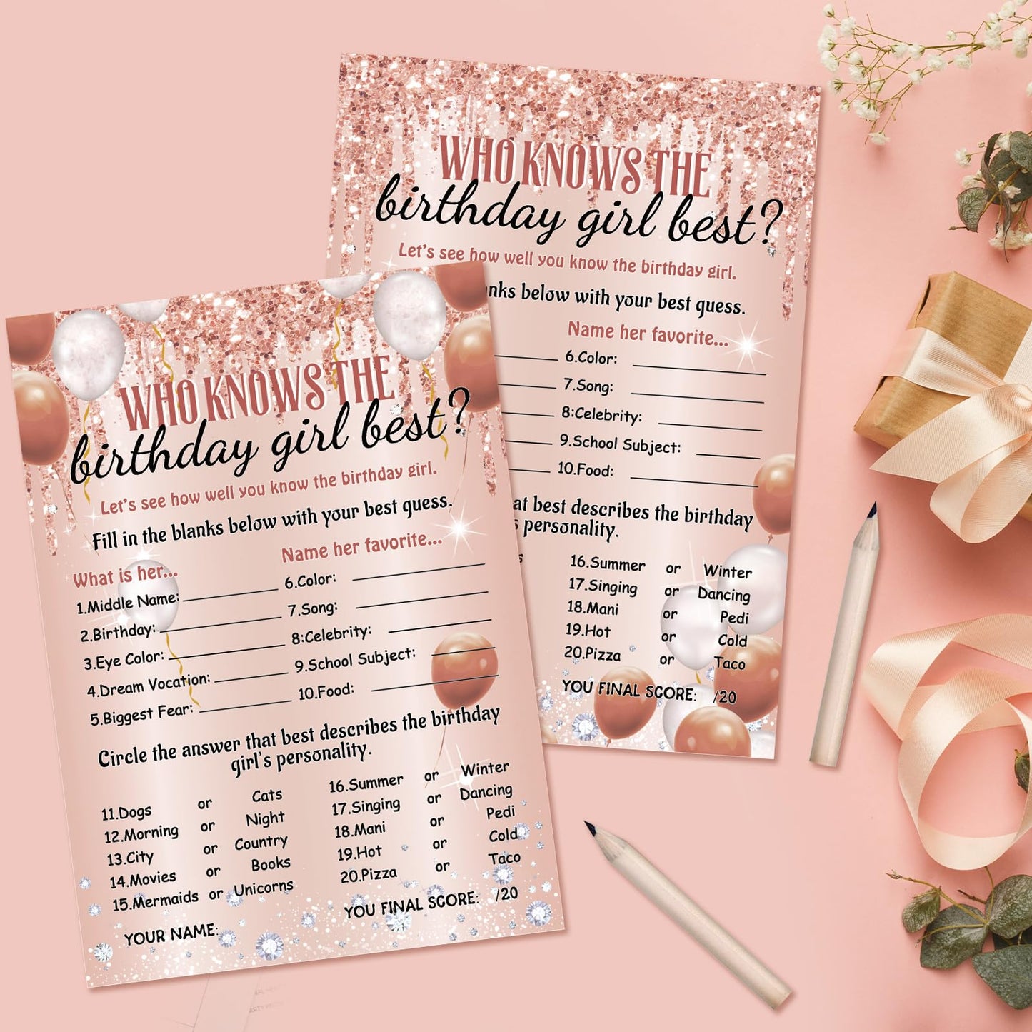 ZOIIWA Birthday Game Cards Set - 50 Pcs Pink Sprinkles with 10 Pre Pointed Pencils for Teen Girls Sleepover Party