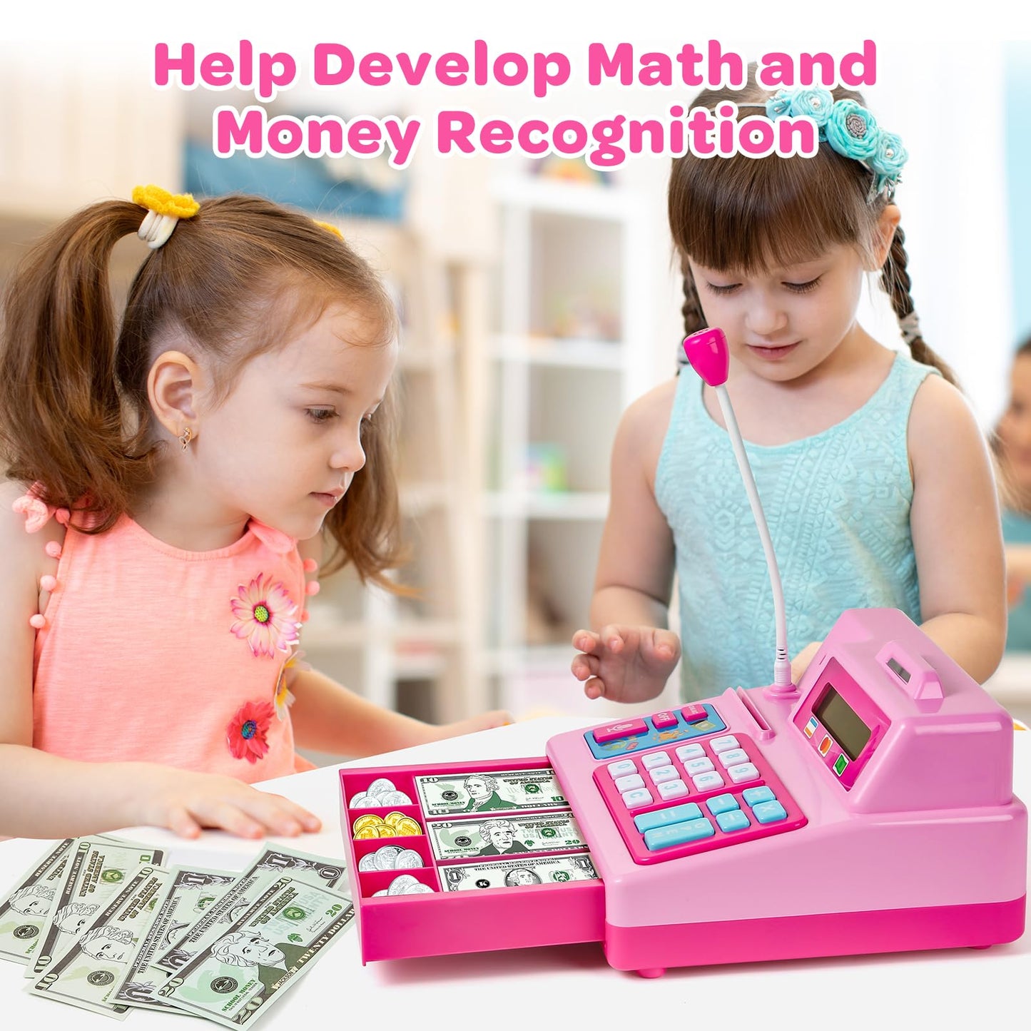 BAODLON Pretend Play Calculator Cash Register - 73 Pcs Pink Toy Cash Register, Microphone, Credit Card and Banking for Kids, Ear