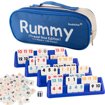 Doublefan Rummy Set Travel Size Rummy Game with Portable Bag  Mini Rummy Cube Game for mature-themed and Kids 106 Tiles  4 Playing Rack  1 Dice (2-4 Players)
