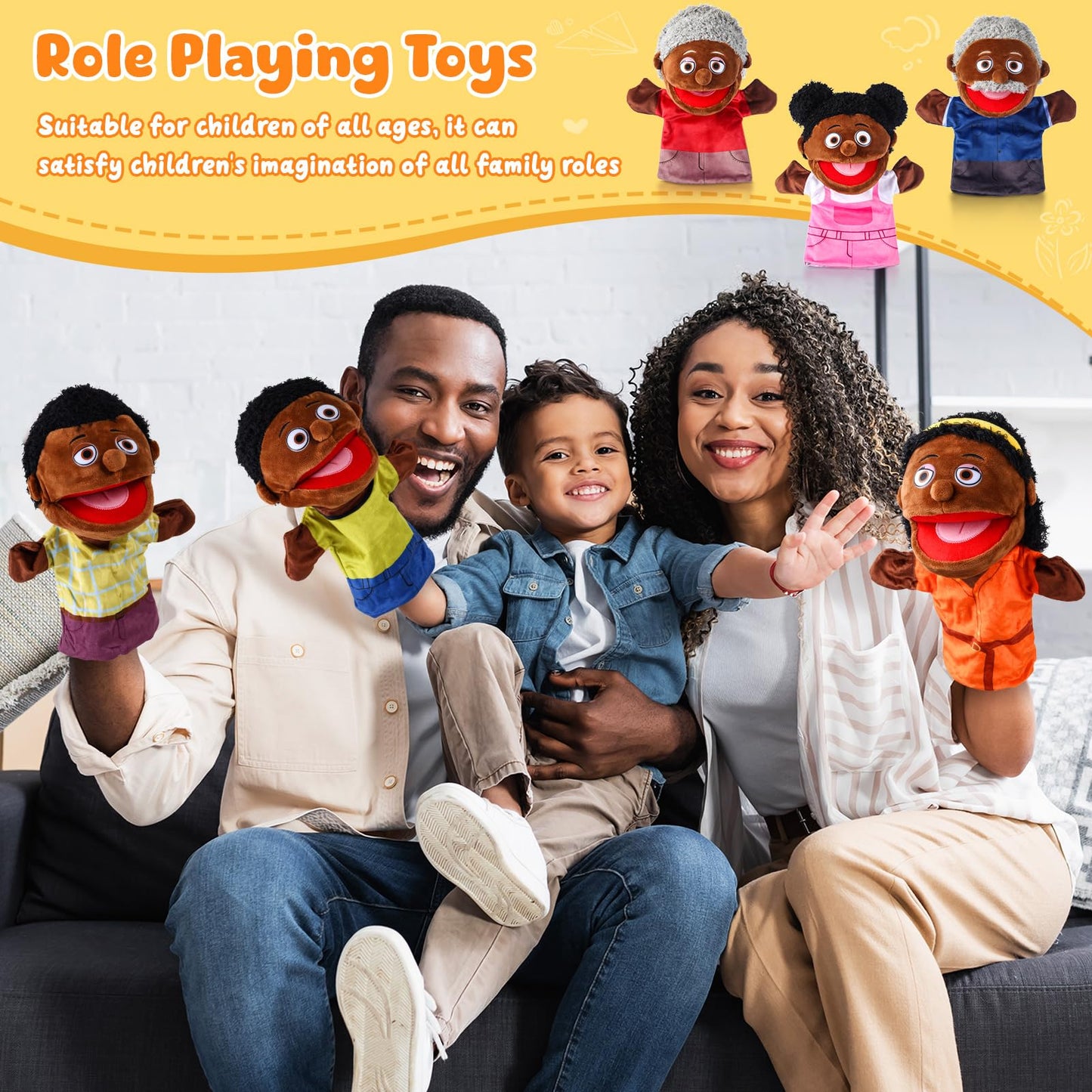 12 Pcs Family Hand Puppets 12 Inch Grandparents Mom Dad Brother Sister Plush Toys Role-Play Toy Puppets For Kids Storytelling Im
