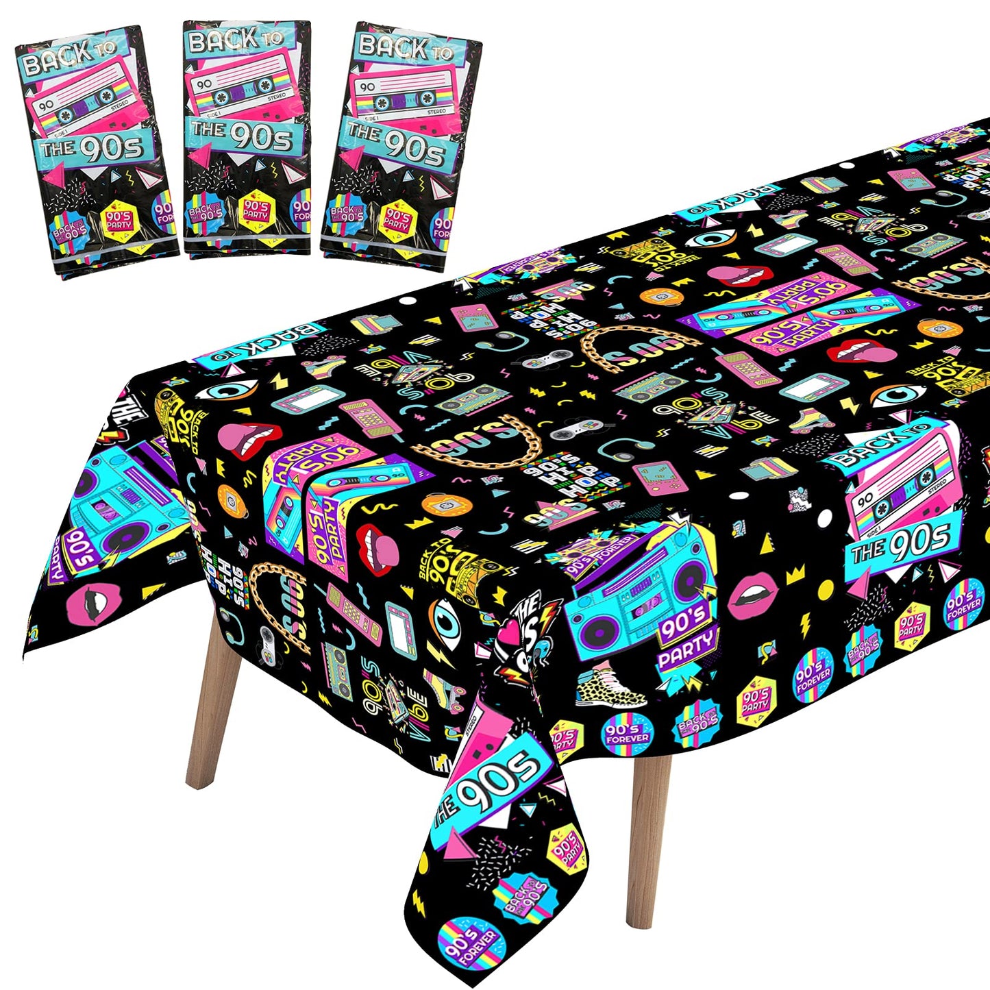 WOXIN 3 Pack 90s Party Tablecloth, Back to 90s Hip Hop Party Birthday Table Cover for 1990s Theme Party Decorations Supplies