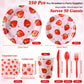 Ziliny 350 Pcs Strawberry Party Supplies Tableware Set Disposable 9   7   Paper Plates 9 oz Cups Cutlery Napkins Dinnerware