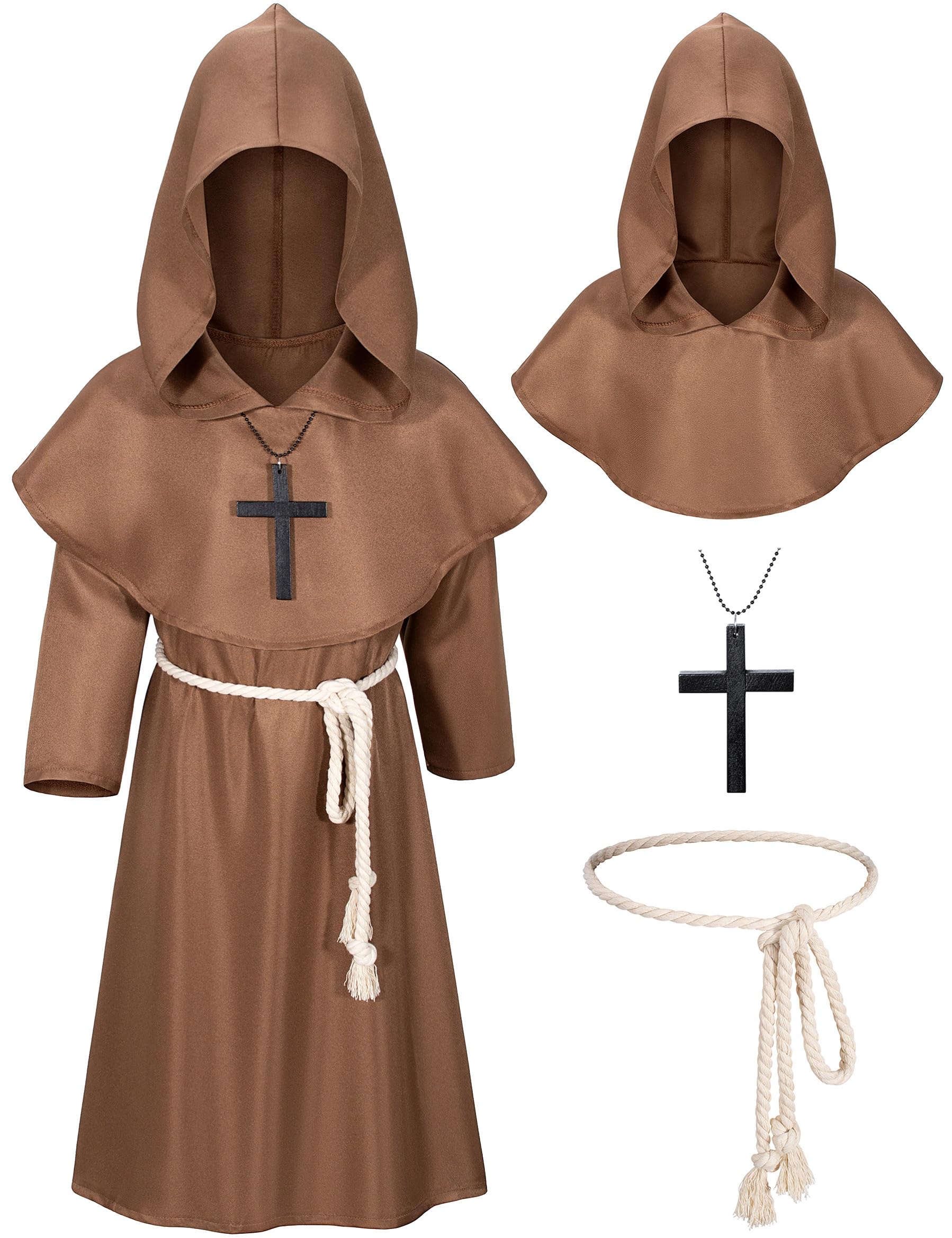 Kids Medieval Renaissance Monk Costume Priest Friar Wizard Cloak Hooded Robe Cosplay Costume Belt Necklace Set(BW 120)
