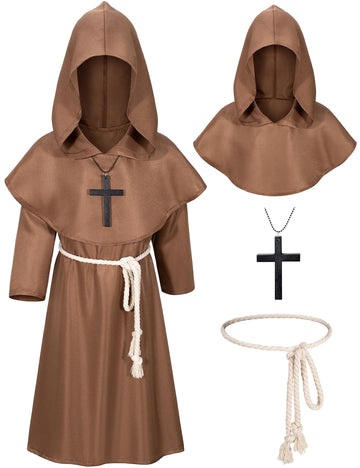 Kids Medieval Renaissance Monk Costume Priest Friar Wizard Cloak Hooded Robe Cosplay Costume Belt Necklace Set(BW 110)