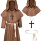 Kids Medieval Renaissance Monk Costume Priest Friar Wizard Cloak Hooded Robe Cosplay Costume Belt Necklace Set(Bw 140)