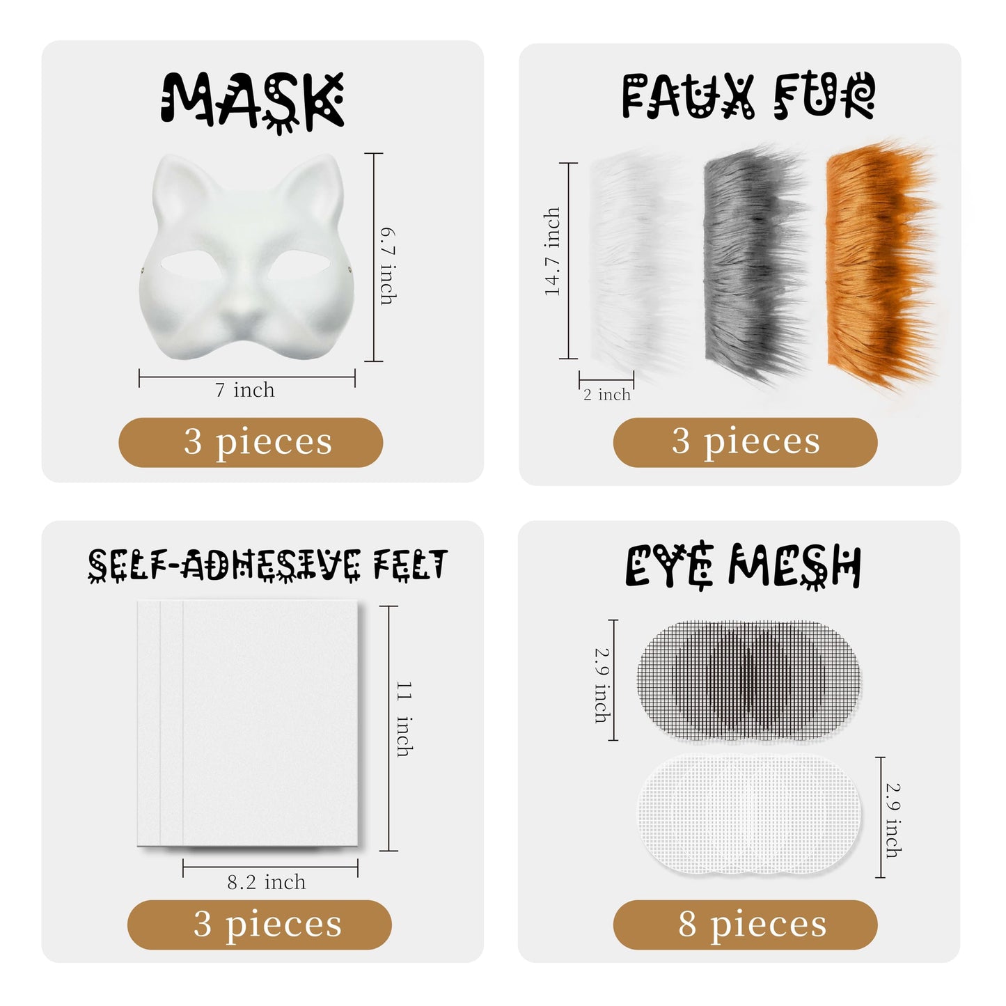 Therian Mask Kit With Fur & Eye Mesh And Fuzzy Fabric,Diy Cat Mask All-In-One To Paint, Blank White Mask For Halloween Masquerad