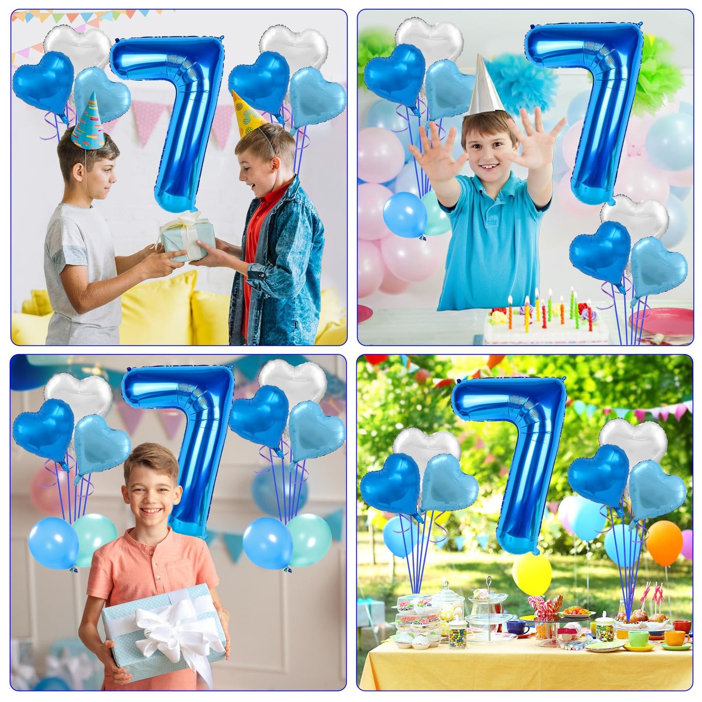 Biapian 40 Inch Blue Number 7 Balloons, Large Number 7 Balloon With 18'' Dark Blue And Silver Foil Heart Shape Balloons Helium F