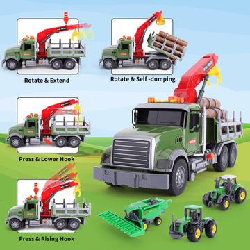 wakelnsa 15'' Big Truck Toys Set,Include Farm Truck,3 Random Metal Truck,Toy Truck with Hook,Toys for Boys Age 3-7 Christmas & B