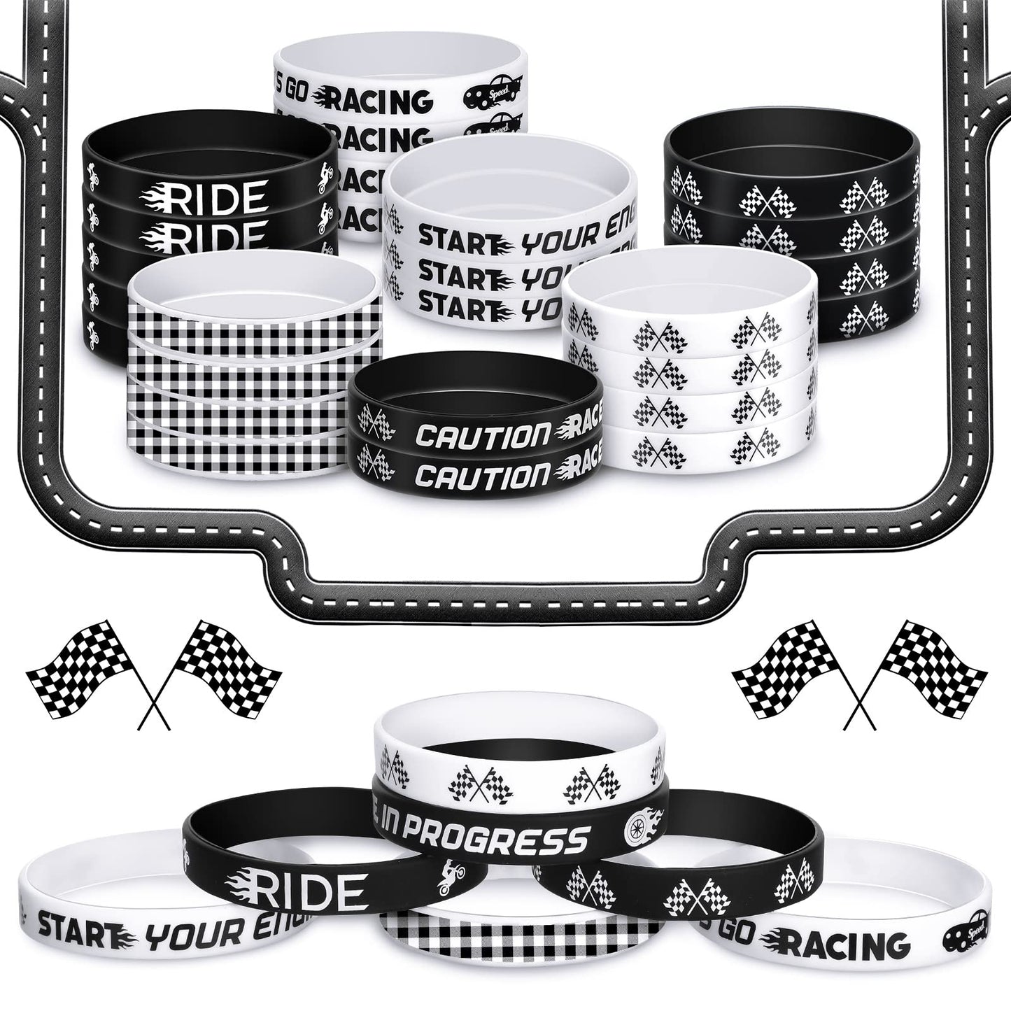Zhanmai 50 Pcs Racing Flag Rubber Bracelets for Race Car 2.56 Inch Checkered Flag Wristbands Race Car Party Favors for Adults Sp