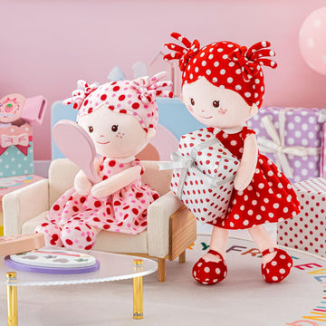 Onetoo First Baby Doll Soft Baby Doll For Girls Plush Rag Doll Sleeping Cuddle Buddy Doll Wear Pink Dress Red Polka Dot 14'