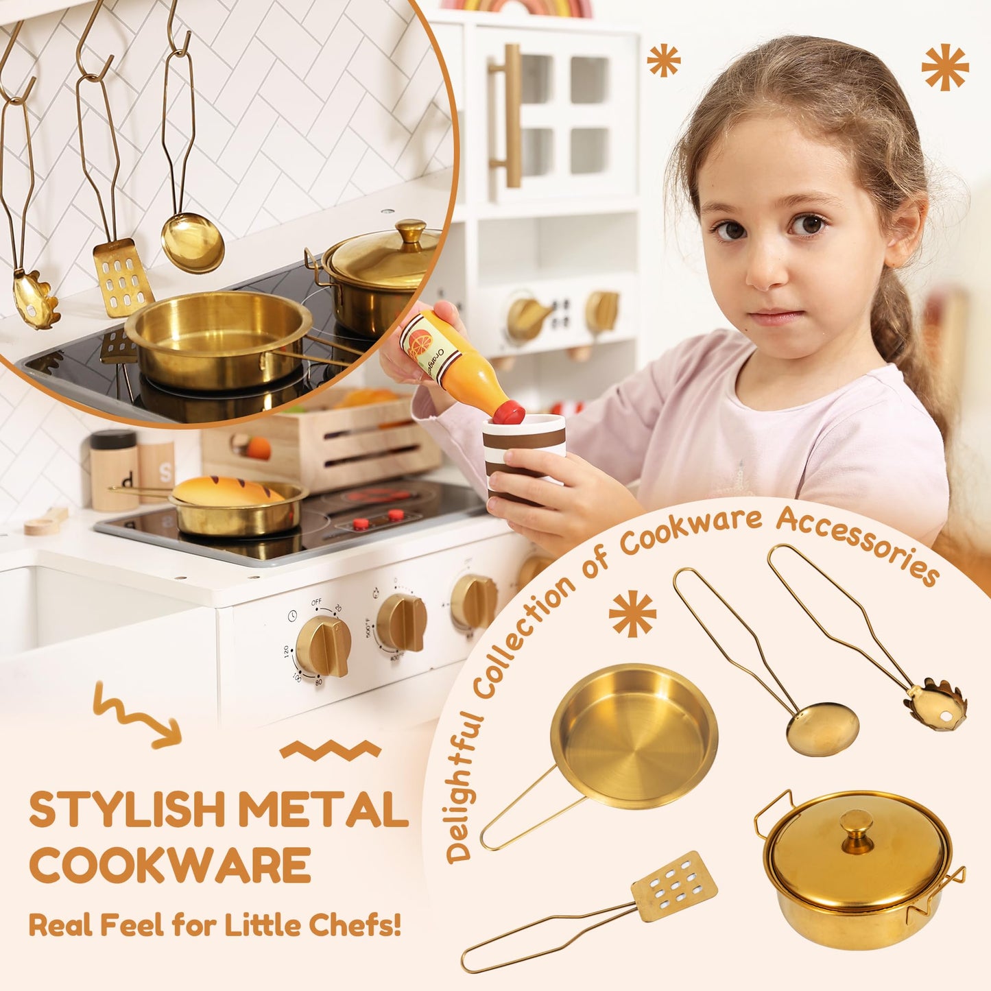 Interactive Wooden Play Kitchen Set For Kids Realistic Features With Extended Storage And 15 Kitchen Accessories, Ideal Pretend