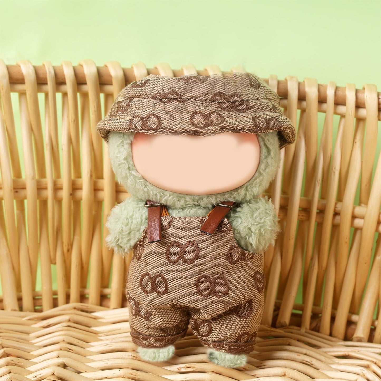 Beem Jun Clothes Set for Labubu 17cm Dolls(NO Doll)  Cute Hat & Unique Pocket Design Overalls Dress-up Set (Overalls(Khaki and White))