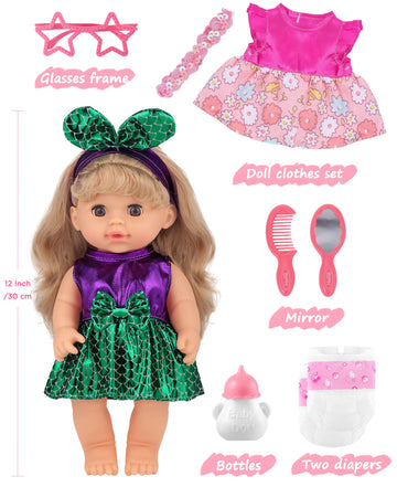 Gagaku Baby Doll With Hair, 12' Baby Doll For Girls 1 2 3 4 5 6 Years Old, Baby Doll For Toddlers Kids, Toy Baby Dolls With Accessories, Clothes Outfits Diapers Bottle