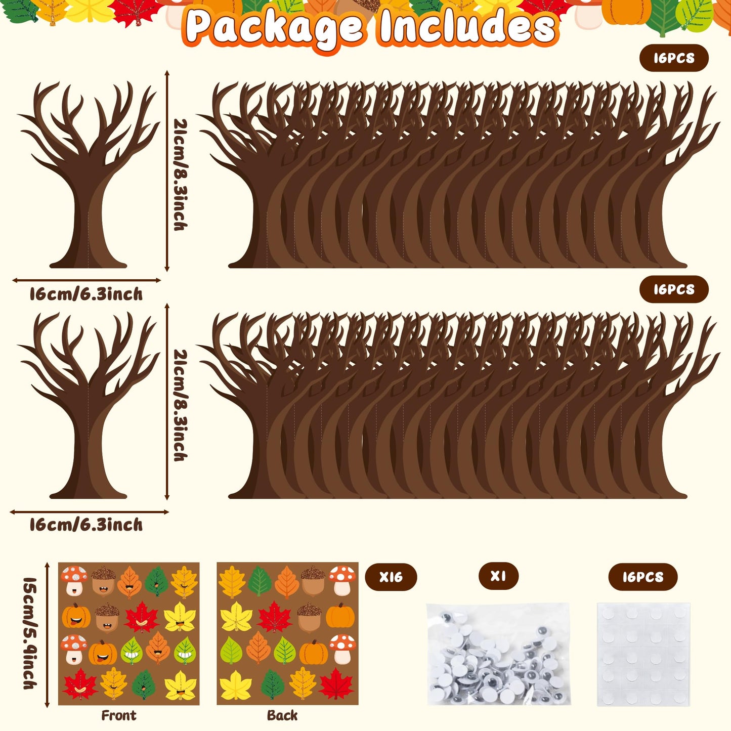 WATINC Fall Leaves Tree Craft Kits - 16Pcs Autumn Movable Eyes Trees for Party Favor Ornament Making Supplies, DIY Thanksgiving