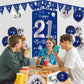 21St Birthday Decorations For Him, Blue Silver Happy 21St Birthday Decorations For Men Boys Door Banner, 32'' Number 21 Foil Bal