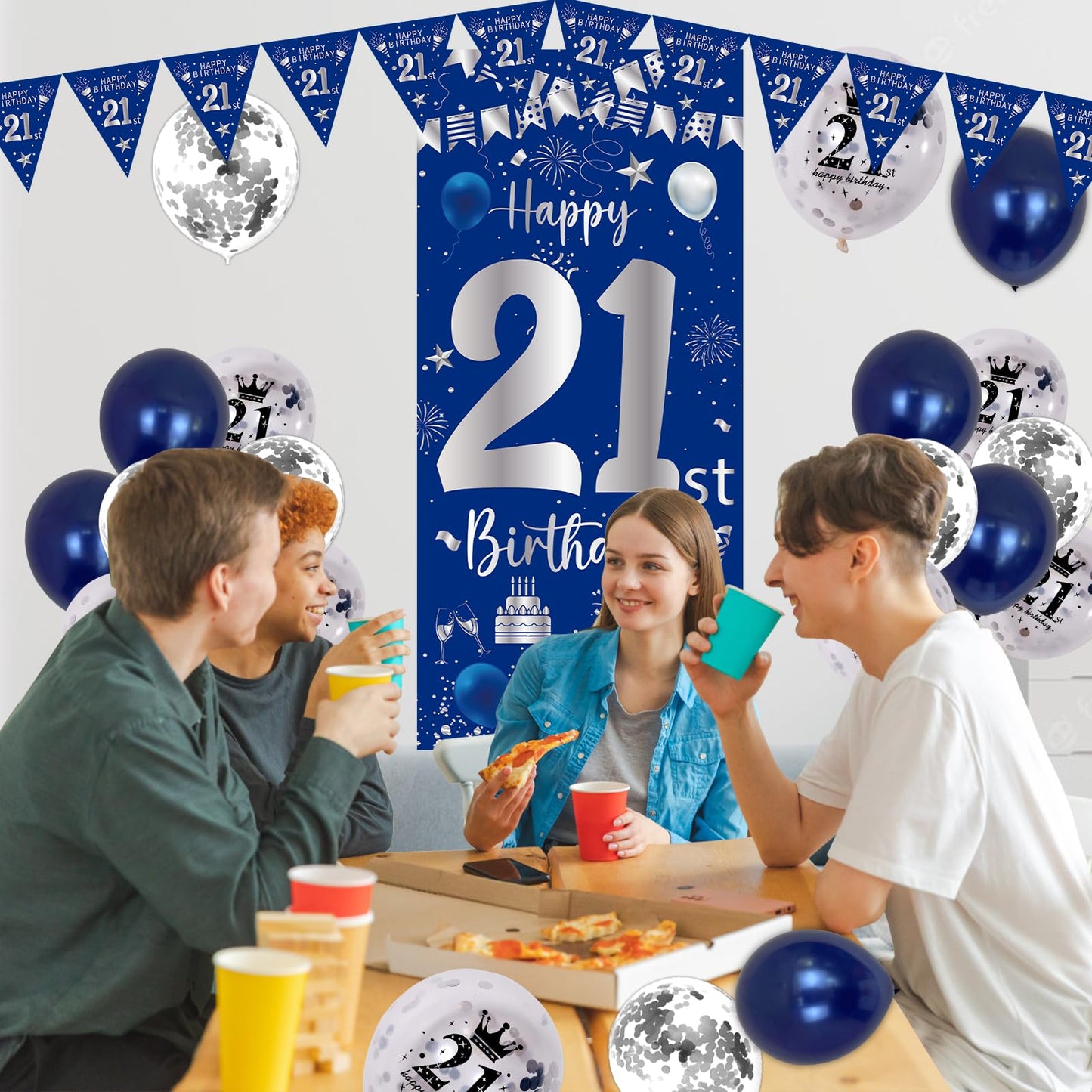 21St Birthday Decorations For Him, Blue Silver Happy 21St Birthday Decorations For Men Boys Door Banner, 32'' Number 21 Foil Bal