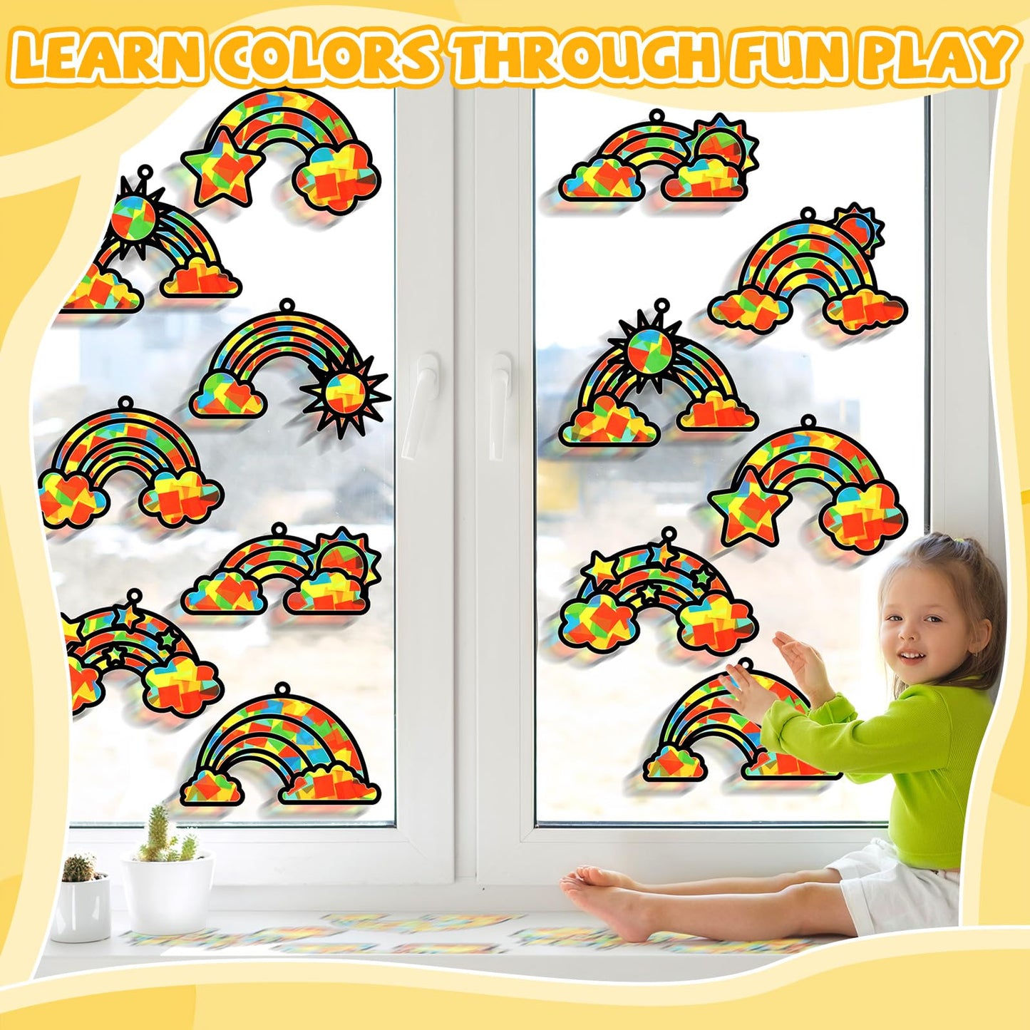 QOUBAI Rainbow Suncatchers Craft Kit - 32 Sets DIY Stained Glass Effect, Paper, 10.04"x10.12", Colorful, Model QB1073