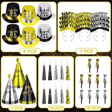 40PCS New Years Party Supplies 20 Guests, New Years Party Favors Gold Black, New Years Accessories Cardboard Plastic, Tiaras Top